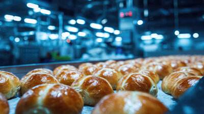 frisch gebackene heiße Kreuzbrötchen auf der Produktionslinie in einer Industriebäckerei